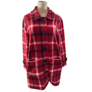 "BROWNSTONE STUDIO" Button Up Fuzzy Fleece Blazer Cardigan Jacket Red Plaid SZ L